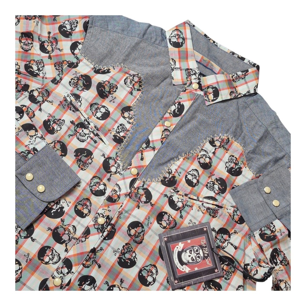 Rock Roll n Soul Mens S Plaid of Skulls Western Shirt Pearl Snap Cowboy NWT